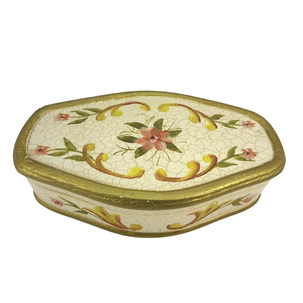 Vintage‎ Florentine Style Hand Painted Floral Wood Jewelry Box Crackle Gold Trim